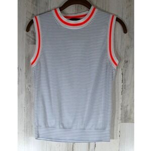 J Crew Sweater Vest Small Blue White Striped Neon Orange Ringer Trim Sleeveless